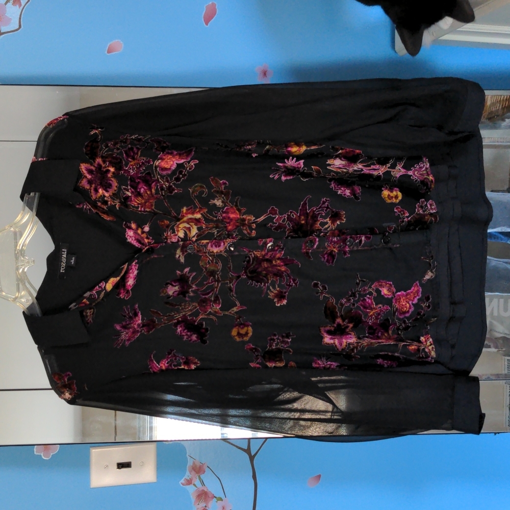 Black Floral Pattern Sheer Blouse
